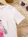 SHEIN Kids CHARMNG Little Girls' Fashionable Printed Short Sleeve T-Shirt