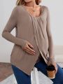 SHEIN Maternity Round Neck Loose T-shirt With Pleated Decoration