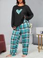 Large Size Love Printed Top And Plaid Trousers Home Wear Set