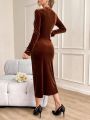 SHEIN Privé Women'S Stand Collar Pleated Slit Hem Long Sleeve Dress