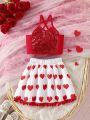 SHEIN Kids CHARMNG Toddler Girls' Romantic & Gorgeous Beaded Halter Neck Vest With Pom Pom & Lace & Heart Detail Skirt 2pcs Set For Spring & Summer