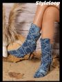 Styleloop Plaid Lined Denim Mid-heel Mid-calf Boots, A Fashionable And Trendy Option