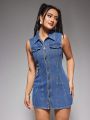 Women's Blue Denim Sleeveless Single Breasted Jeans Dress