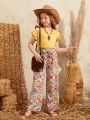 SHEIN Kids SUNSHNE Tween Girls' Short Sleeve Round Neck T-Shirt And Floral Wide Leg Pants Casual Two-Piece Set