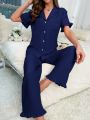 Women'S V-Neckline Short Sleeve Top And Long Pants Sleepwear Set