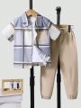 SHEIN Kids Academe Young Boy Plaid Patch Pocket Shirt And Solid Color Pants Two Piece Set