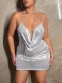 SHEIN ICON Plus Size Exaggerated Drape Neckline Dress With Rhinestone Embellishment