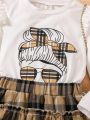 SHEIN Kids SUNSHNE Toddler Girls' Plaid Skirt & Top Set With Cake Shaped Head Design For Autumn And Winter