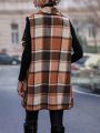 Women's Plaid Waterfall Lapel Sleeveless Vest Jacket