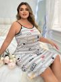 Plus Size Cartoon And Striped Pattern Sleeveless Nightgown