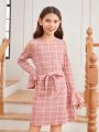SHEIN Girls' Knitted Plaid Cut Out Casual Sweater Dress, Mommy And Me Matching Outfits (2 Pieces Sold Separately)