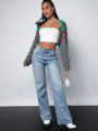 Wild Coco Berry Checker Pattern Drop Shoulder Open Front Crop Cardigan