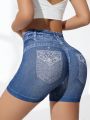 Daily&Casual Women'S Seamless High Stretchy Sports Shorts With Denim Pattern