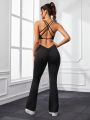 SHEIN Daily&Casual Women'S Cross Strap Backless Sports Bra And Leggings Set