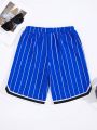 SHEIN Boys' Casual Letter/Stripe/Printed Pattern Knitted Shorts With Woven Belt, Summer