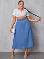 Plus Size Elastic Waist Button Decoration Denim Skirt