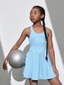 SHEIN Tween Girls' Knitted Solid Back Cross Hollow Out U Neck Casual Sports Dress