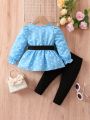 SHEIN Newborn Baby Girls' 3pcs/Set Polka Dot Print Top With Belt And Solid Color Pants