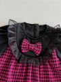 Baby Girls' Buffalo Plaid Patchwork Dress With Bowknot Decoration And Ruffle Hem