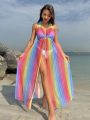 SHEIN Swim Classy Rainbow Striped Backless Halter Kimono Cover Up