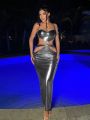 SHEIN SXY Ladies' Silver Metallic Color Sexy Strappy Maxi Dress With Waist Tie