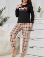 Women'S Cartoon Print Plaid Homewear Set With Long Sleeve Top And Long Pants, Family Matching Outfits Mommy And Me (4 Sets Sold Separately)