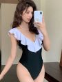 Women's Black And White Monokini Swimsuit With Ruffled Sleeves