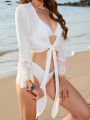 SHEIN Swim BohoFeel 1pc Lace Cuff Tie Front Kimono