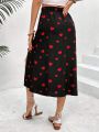 SHEIN VCAY Valentine's Day Women's Half-Skirt With Heart-Shaped Print, Drawstring And Split Hem