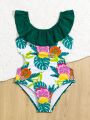 Little Girls' Fruit & Tree Leaves Printed One-Piece Swimsuit With Ruffled Hem