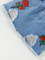 Girls' Vintage Personalized Rose Embroidery Denim Loose Fit Two Piece Set