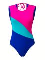 SHEIN Swim SPRTY Women's Color-block Back Cross Strap One-piece Swimsuit