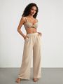 SHEIN Leisure Solid Color High Waisted Wide Leg Pants For Home Wear, Elastic Waistband