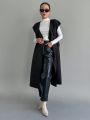 Dazy Star Women's Black Sleeveless Belted Button Design Regular Jacket