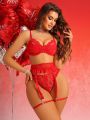 SHEIN 3pcs/set Lace Bra, Thong And Garter Belt