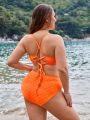 SHEIN Swim Basics Plus Size Solid Color Swimwear Set