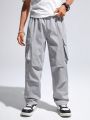 SHEIN Boys' Casual Straight-Legged Solid Woven Pants With Pleats, Stitched Pockets