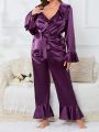 SHEIN X GiudiceGirls Plus Ruffle Trim Flare Sleeve Belted Satin PJ Set