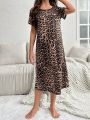 Leopard-print Loose-fit Short Sleeve Pajamas With Round Neck