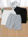 SHEIN 3pcs/set Solid Color Casual Shorts For Toddler Boys In Black, White, And Gray