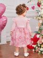 SHEIN Elegant Knit Patchwork 3d Flower Mesh Long Sleeve Belted Dress For Baby Girls