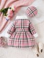 Baby Girl Plaid Print Borg Collar Belted Dress & Hat