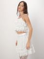 SHEIN ENCHNT Women's Patchwork Lace Decorated Ruffle Hem Top And Casual Pants Set
