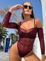 1pc Off-shoulder Perspective Mesh Sexy Bodysuit