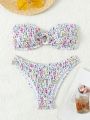 SHEIN Swim Mod Ditsy Floral Smocked Bandeau Bikini Swimsuit