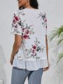 Women'S Floral Print Bottom Patchwork Sheer Mesh Shirt