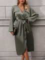 Green Wrap V-neck Lantern Sleeve Maxi Dress