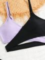 Tween Girls' Color-Block Cross Back Bikini Set With Separated Swimwear Briefs And Rash Guard, 3pcs