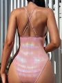 SHEIN Swim Chicsea Solid Color Backless Halter Neck Pleated One-piece Swimsuit