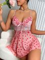 Women's Sexy Mesh Lingerie Dress With Heart Pattern Print And Thong Underwear